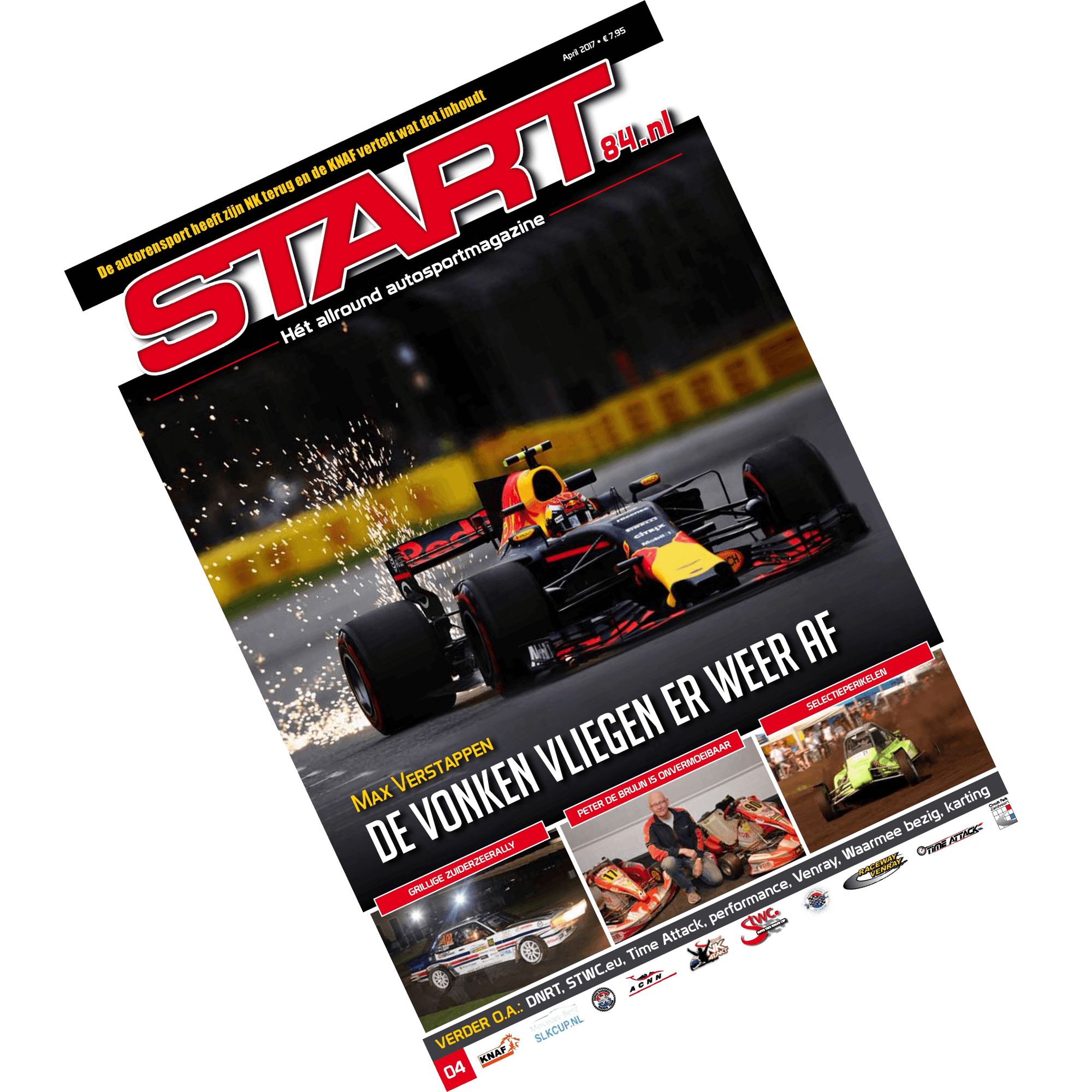 cover van START 84 autosportmagazine april 2017 met een interview met Max Verstappen en Bas van Bodegraven van GOMAX vlaggen
