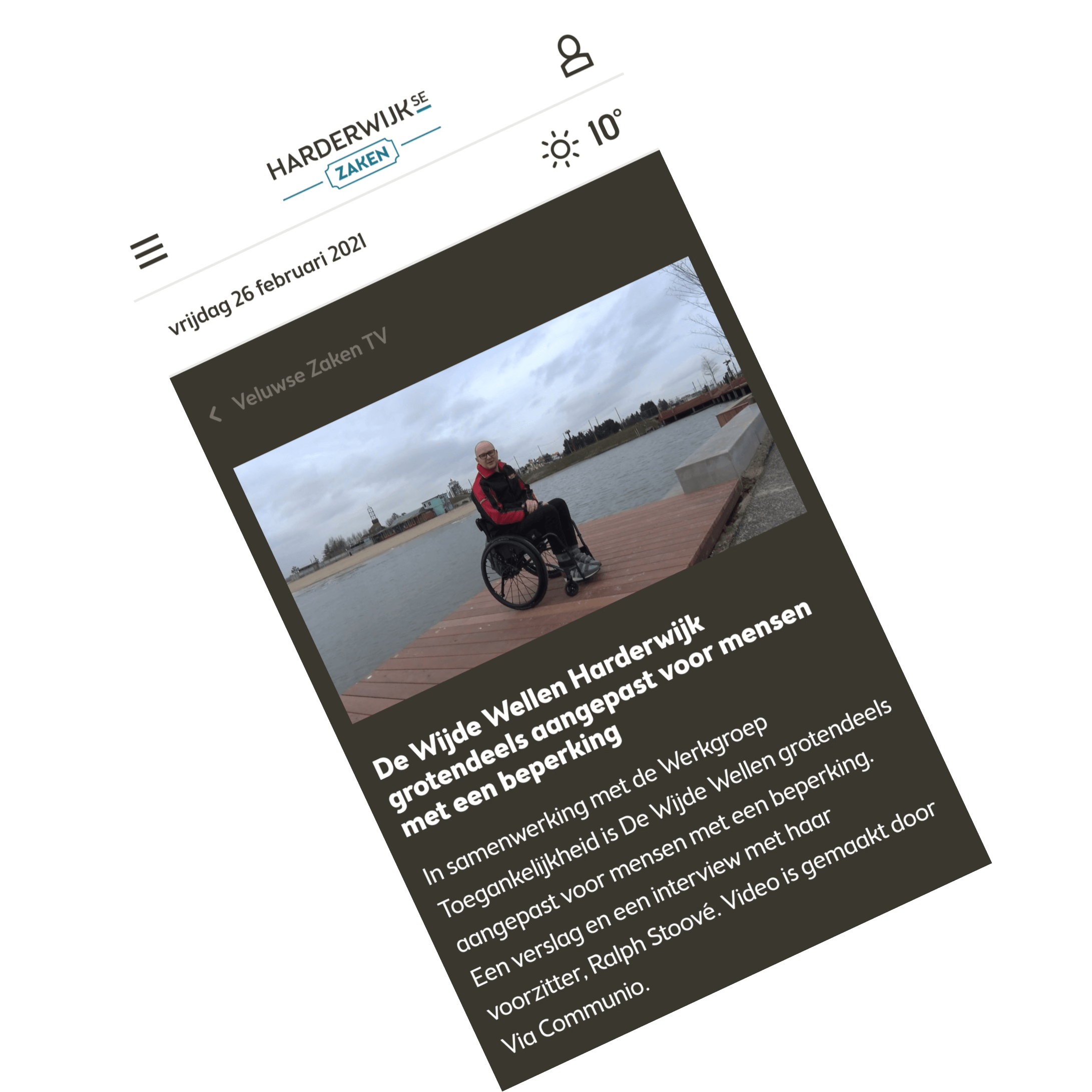 screenshot van artikel met Ralph Stoové in rolstoel die in De Wijde Wellen van Harderwijk op een rolstoeltoegankelijke steiger staat