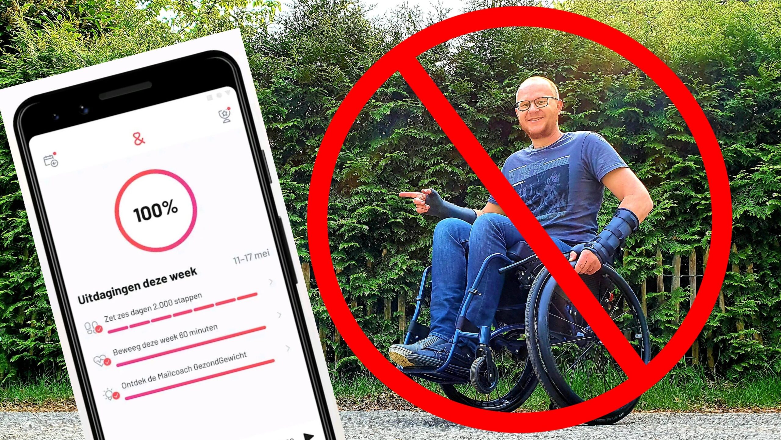 Afbeelding met links een screenshot van de SamenGezond App en daarnaast Ralph Stoové in zijn rolstoel met daardoorheen het symbool van verboden toegang om duidelijk te maken dat rolstoelgebruikers zijn buitengesloten