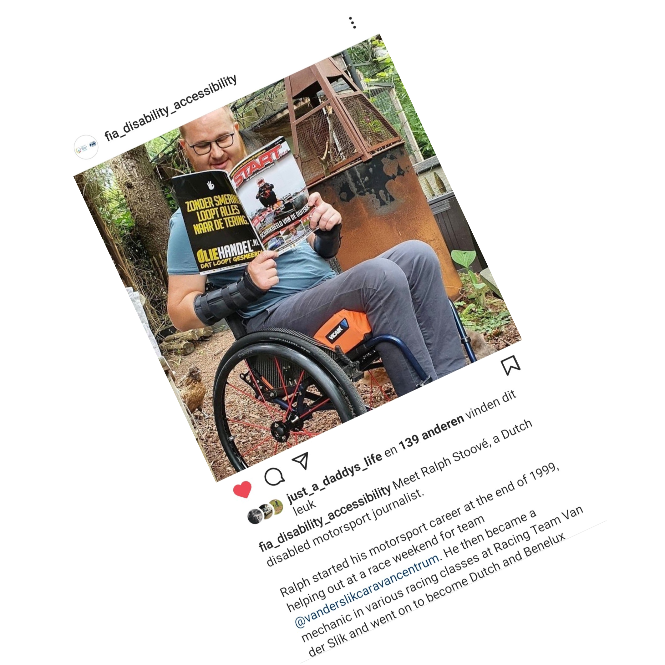 screenshot van het instagram account van FIA Disability and Accessibility Commission met daarop Ralph Stoove zittend in een rolstoel die het Nederlandse autosportmagazine START '84 leest in de tuin