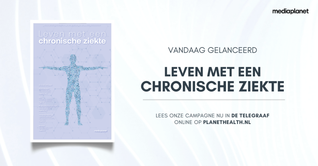 Cover van de bijlage 'Leven met een chronische ziekte' in De Telegraaf van 26 november 2024. Op de voorkant staat een grafische afbeelding van een mens, de titel en de website van Planet Health.