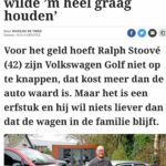 Screenshot van het artikel 'Mijn garage' over de beide bijzondere auto's van Ralph Stoové. Alleen de lead is leesbaar en de foto is zichtbaar waarop Ralph staat samen met zijn rode Mercedes-Benz V-Klasse rolstoelbus en VW Golf Mk2 erfstuk.