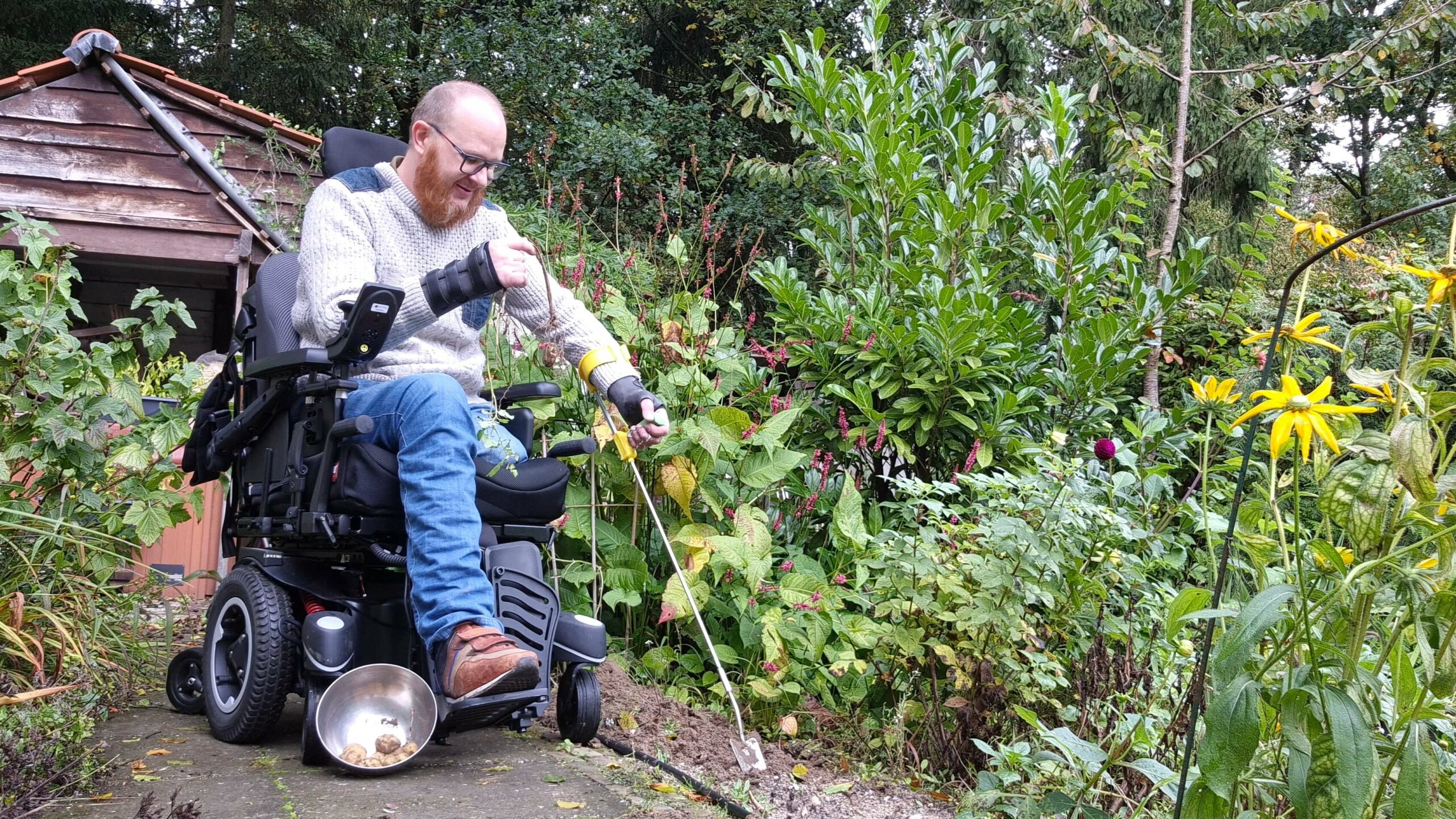 Ralph Stoové zit in een elektrische rolstoel en schept met een verlengd tuinschepje aardappelen uit zijn moestuin. Voor de elektrische rolstoel staat een bakje met wat aardappeltjes. Op de achtergrond is een kapschuur te zien en op de voorgrond een bloementuin met gele bloemen. De foto is genomen voor een artikel in het tuinmagazine Gardeners' World NL