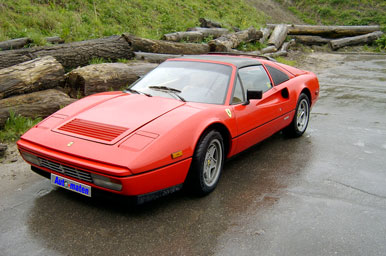 Foto van een Ferrari 328 GTS in de kleur Rosso Corsa. De foto is schuin van voren genomen. De kentekenplaat is onherkenbaar gemaakt door het logo en de naam van de opgeheven webpagina Auto-Maten.nl. De foto is in de regen gemaakt, wat te zien is aan het natte asfalt. Op de achtergrond zie je een groene heuvel met wat boomstammen.